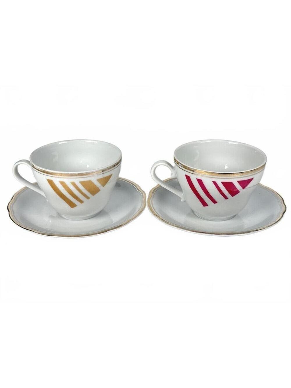 Set of 2 Vintage Kahla GDR Geometric Porcelain Tea Cups and Saucers East Germany